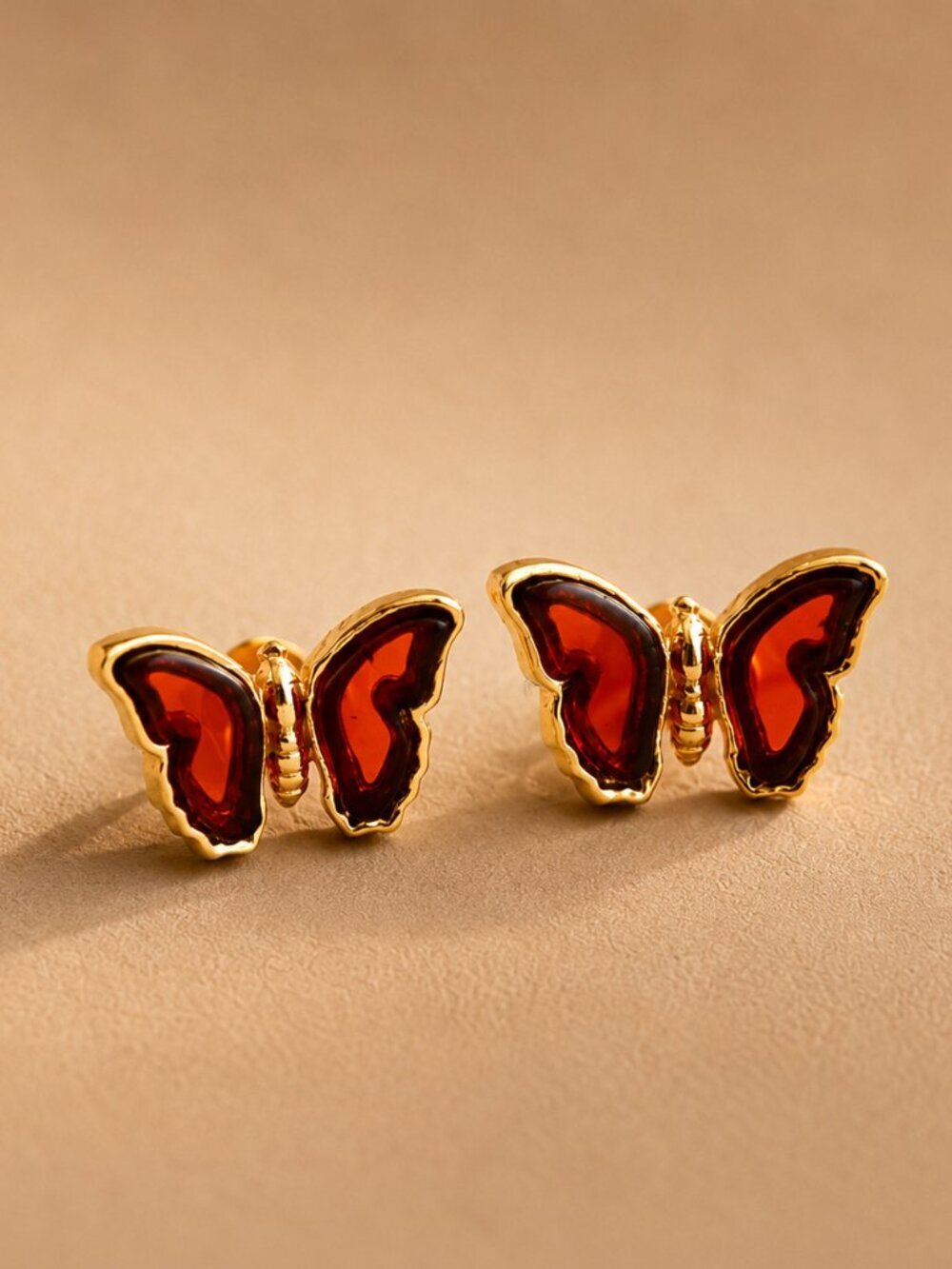 Cherry Amber Gold Stud Earrings - 14k Gold Plated Sterling Silver